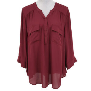 Torrid Top 2 Plus Size 2X Burgundy Sheer Chiffon Harper Blouse Roll Tab Slv